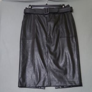 EVA MENDES Women's Belted Faux Black Leather Skirt Back Slit - Size 14